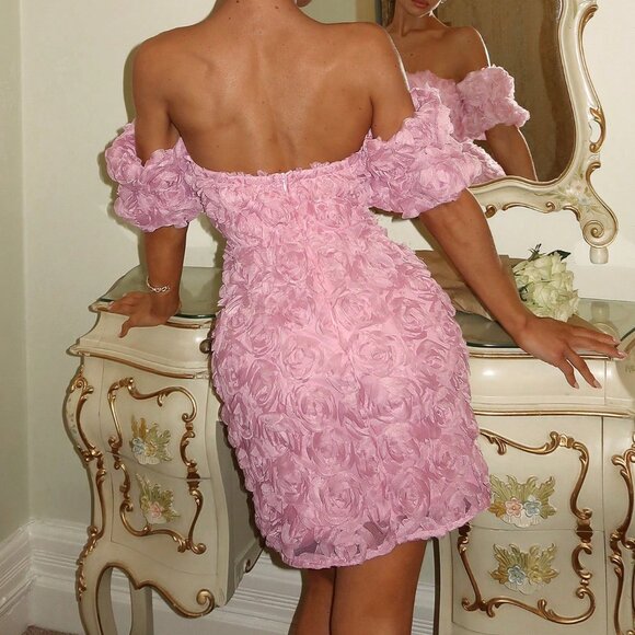 Pink Elegant Women's Embroidered Floral Off-Shoulder Flower Dress - Picture 2 of 5